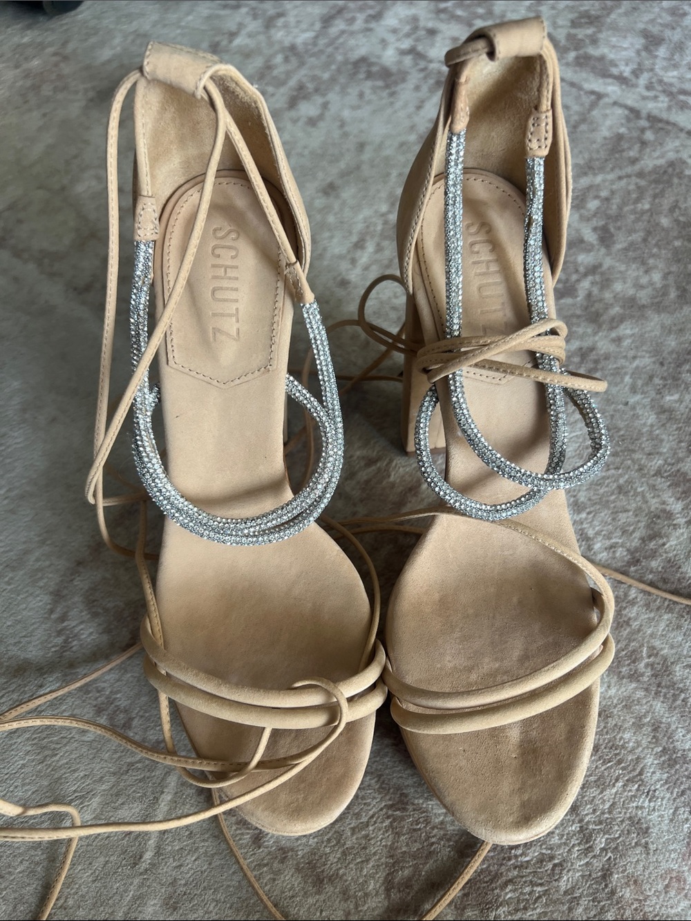 SCHUTZ Beige Suede Lace-Up Heels with Silver Crystal Straps
